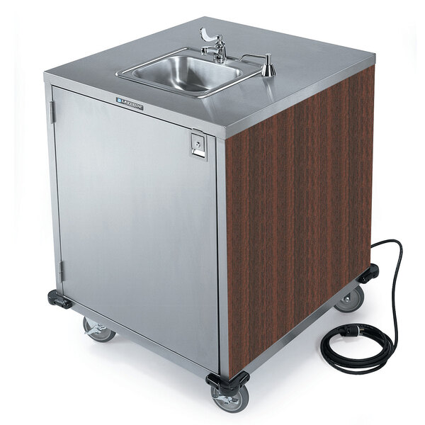 Lakeside 9600W Portable Self-Contained Stainless Steel Hand Sink Cart with Cold Water Faucet, Soap Dispenser, and Walnut Finish - 115V