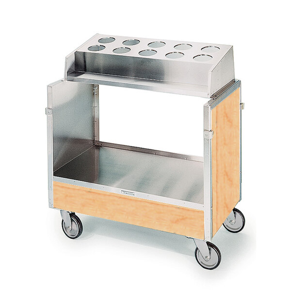 A Lakeside stainless steel silverware tray cart with a hard rock maple shelf.