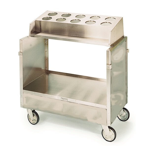 A Lakeside stainless steel flatware tray cart with 10 holes on a tray.
