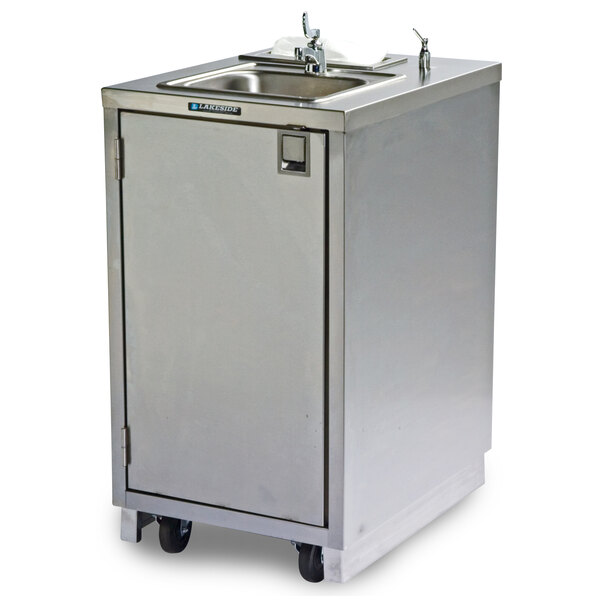 Lakeside 9620 Portable Self-Contained Stainless Steel Hand Sink Cart with Hot Water Faucet and Soap Dispenser - 120V