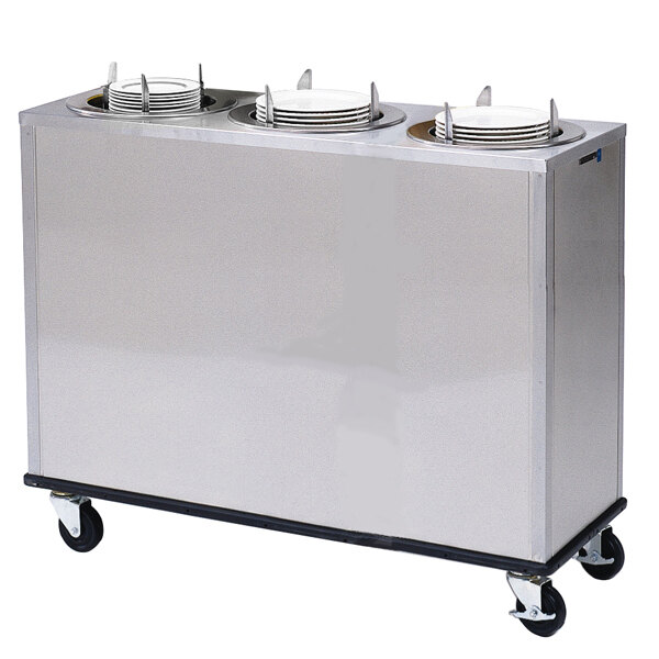 A large stainless steel Lakeside dish dispenser on wheels with plates on top.