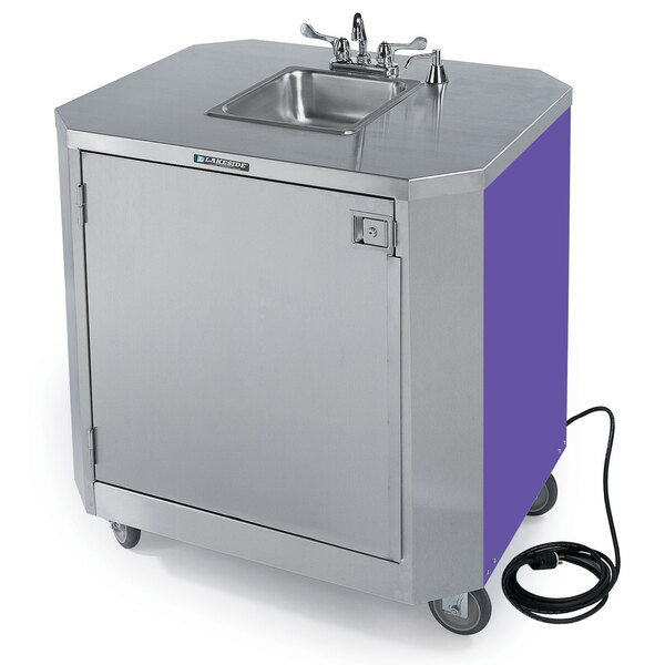 Lakeside 9610P Portable Self-Contained Stainless Steel Hand Sink Cart with Hot & Cold Water Faucet, Soap Dispenser, and Purple Finish - 120V