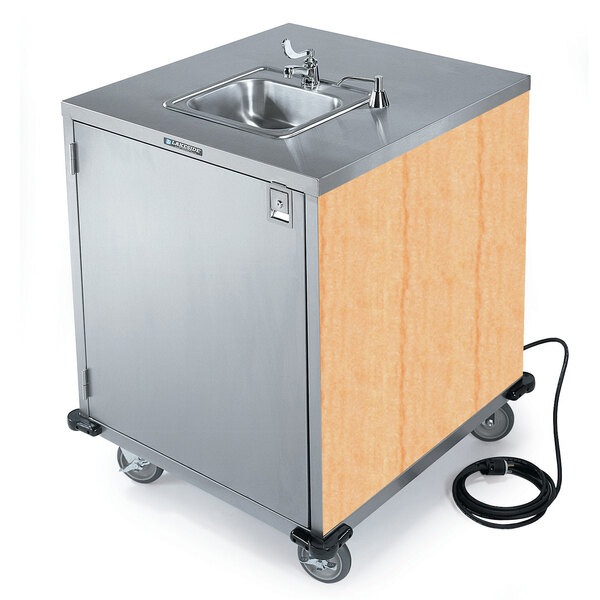 Lakeside 9600HRM Portable Self-Contained Stainless Steel Hand Sink Cart with Cold Water Faucet, Soap Dispenser, and Hard Rock Maple Finish - 115V