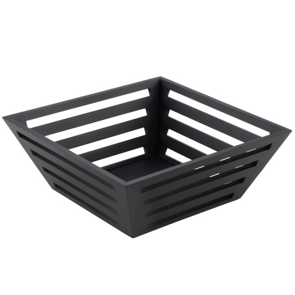 An American Metalcraft black square birch bread basket with tapered sides and stripes of wood.