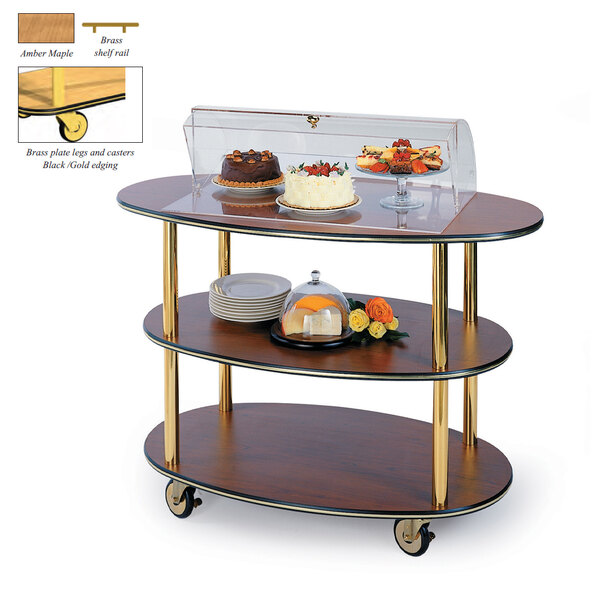 Geneva 36303-10 3 Oval Shelf Table Side Service Cart with Acrylic Roll Top Dome and Amber Maple Finish - 23" x 44" x 44 1/4"