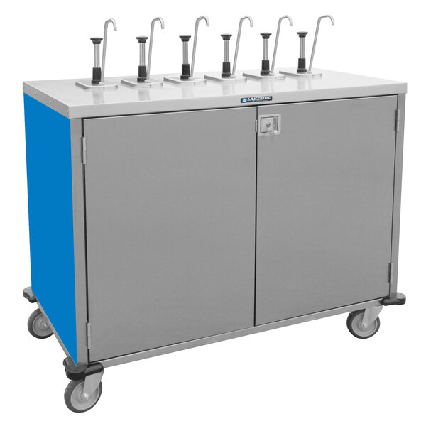 A blue and grey Lakeside condiment dispensing cart with metal taps.