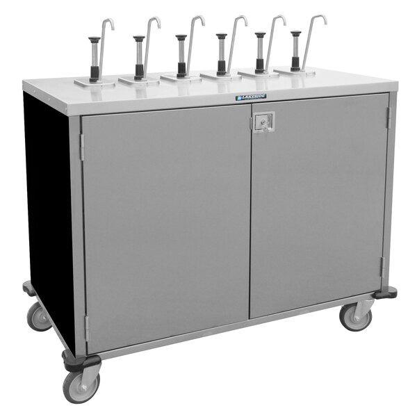 A black Lakeside serving cart with four stainless steel pumps.