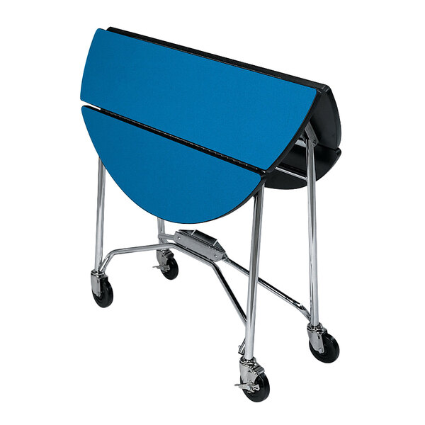 A Lakeside blue folding table on wheels.