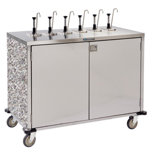 A silver Lakeside serving cart with several metal handles.