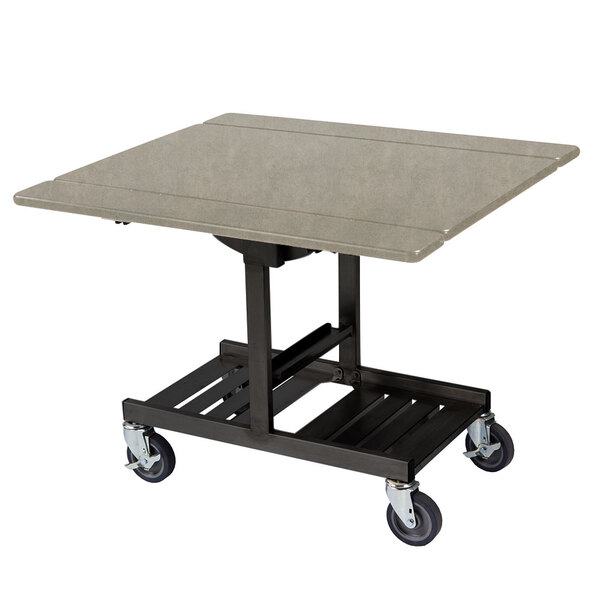 A Geneva rectangular room service table with wheels on it.