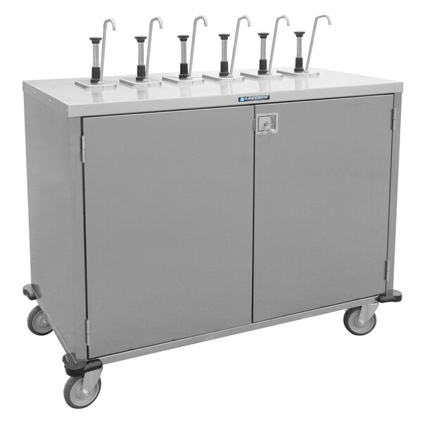 A grey metal Lakeside serving cart with six pumps on it.