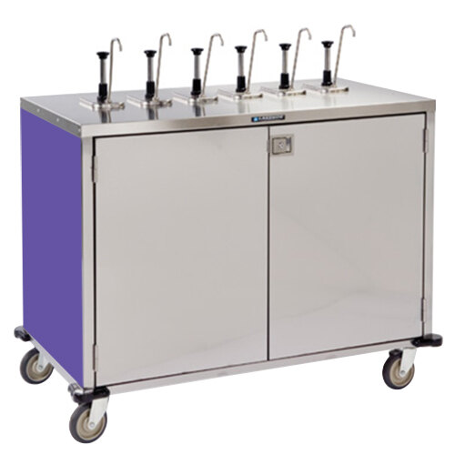 A Lakeside stainless steel condiment cart with purple and blue cabinets and 12 pumps.