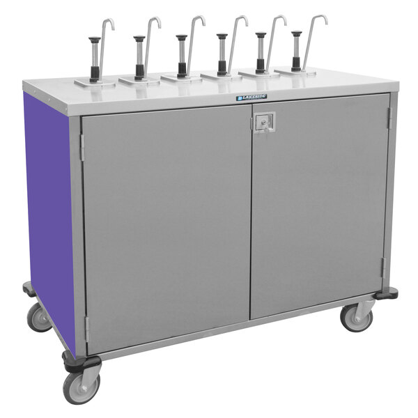 A stainless steel serving cart with purple and silver accents and six condiment dispensers.
