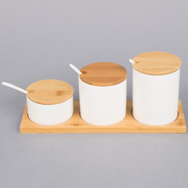 American Metalcraft PCBLS25 Round Porcelain Canisters and Bamboo Tray ...