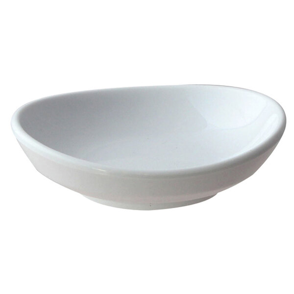 A Thunder Group Classic White melamine saucer with a spoon on a white background.