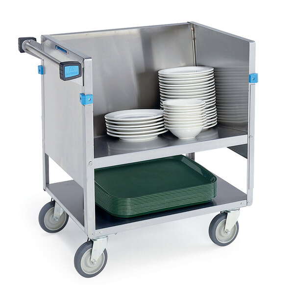 A Lakeside stainless steel dish cart with plates on it.