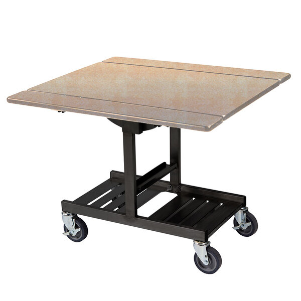 A Geneva rectangular room service table with wheels on a cart.