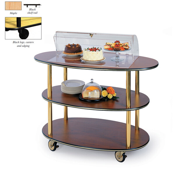Geneva 36303-03 3 Oval Shelf Table Side Service Cart with Acrylic Roll Top Dome and Maple Finish - 23" x 44" x 44 1/4"