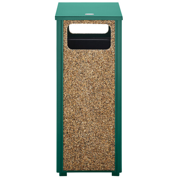 Rubbermaid FGR12202PL Aspen Flat-Top Empire Green with Desert Brown Stone Panels Square Steel Waste Receptacle with Rigid Plastic Liner 12 Gallons