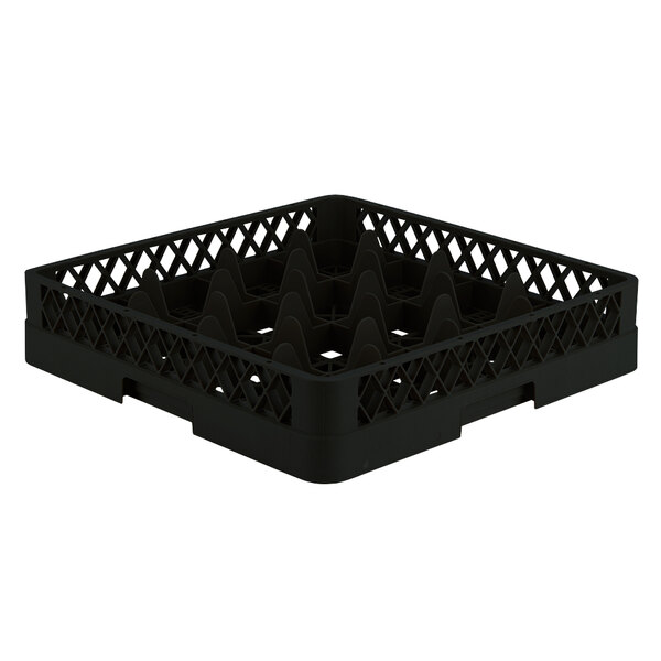 A black plastic Vollrath glass rack with 16 compartments.