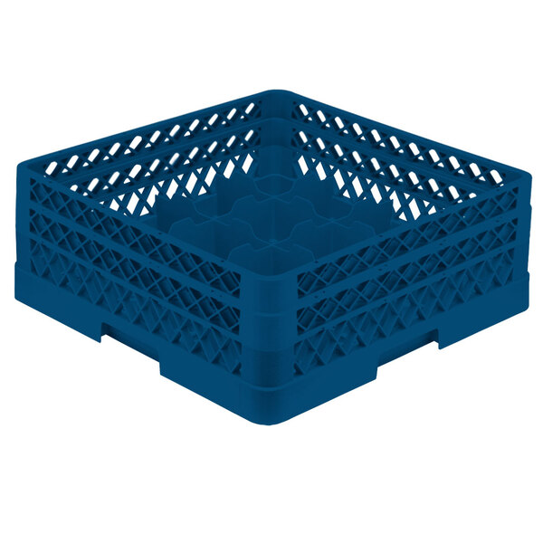 A blue plastic Vollrath glass rack with a grid.