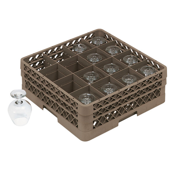 A Vollrath beige plastic rack with 16 compartments holding wine glasses.