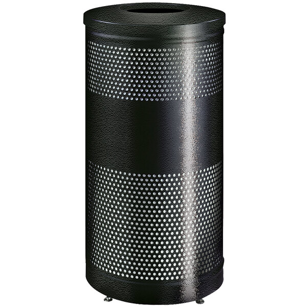 A black Rubbermaid Classics round steel trash can with a drop top lid.