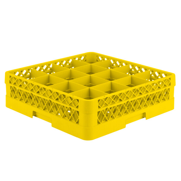 A yellow Vollrath plastic glass rack with 16 compartments.