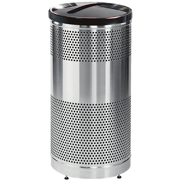 A silver Rubbermaid round steel trash can with a black lid.