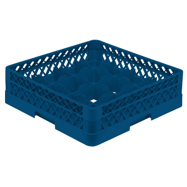 A blue plastic Vollrath glass rack with holes.
