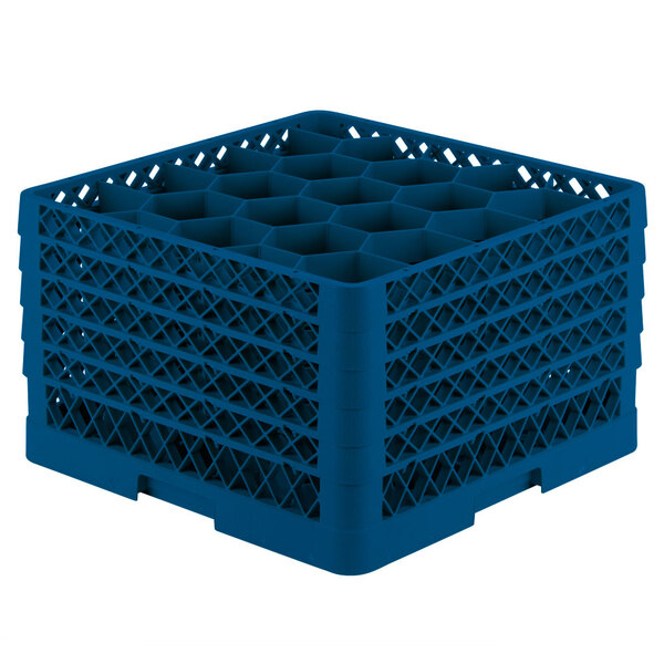 A Vollrath royal blue plastic Traex glass rack with 20 compartments.