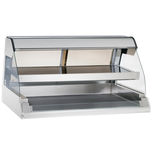 An Alto-Shaam stainless steel countertop heated display case with curved glass shelves.