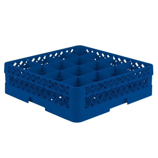A Vollrath Royal Blue plastic glass rack with 16 compartments.