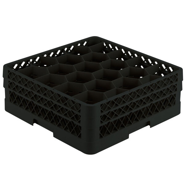 A black plastic Vollrath Traex rack with 20 hexagonal compartments.