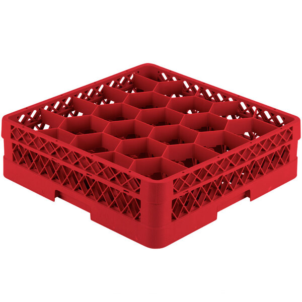 A red plastic Vollrath Traex glass rack with 20 compartments and an open rack extender on top.