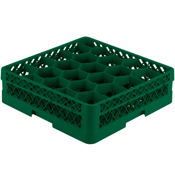 A green plastic Vollrath Traex glass rack with 20 compartments.