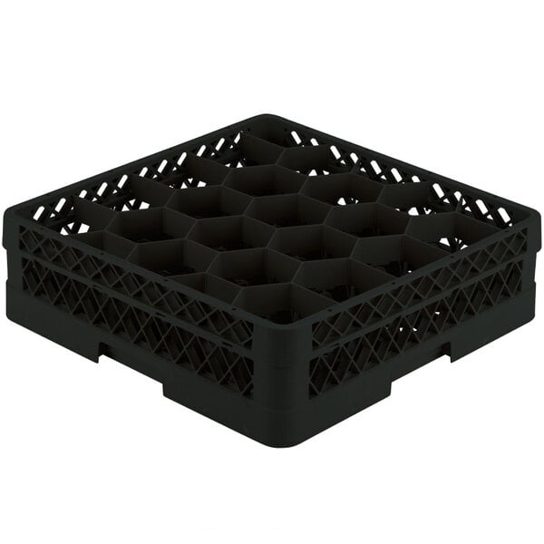 A black plastic Vollrath Traex rack with 20 compartments for glasses.