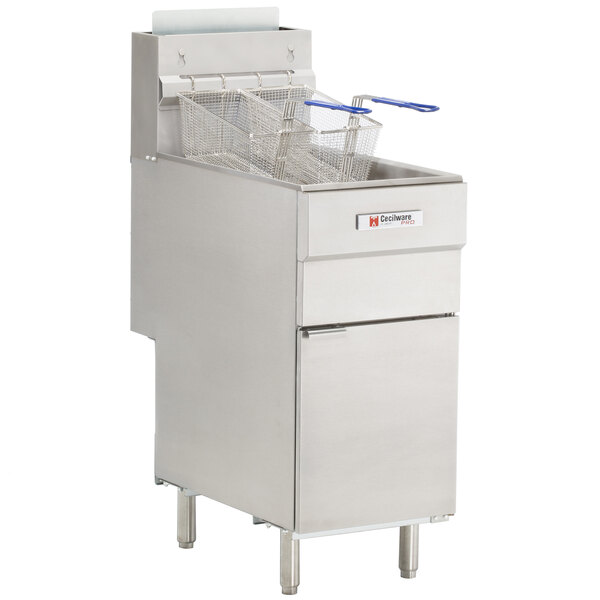 A stainless steel Cecilware gas floor fryer with four tubes and several baskets.