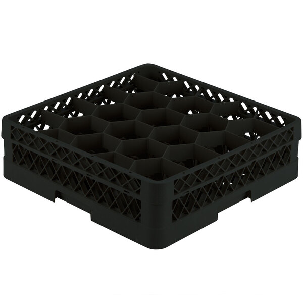 A black plastic Vollrath Traex glass rack with holes.