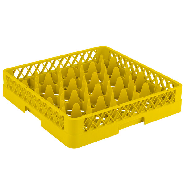A yellow Vollrath Traex glass rack with 20 compartments.