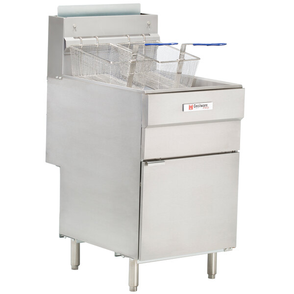 A Cecilware stainless steel liquid propane floor fryer with five tubes and two baskets.