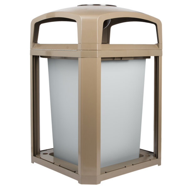 Rubbermaid FG397001DWOOD Landmark Series Classic Container Driftwood Square Polycarbonate Dome Top Frame with Ashtray and FG395800 Rigid Plastic Liner 35 Gallon