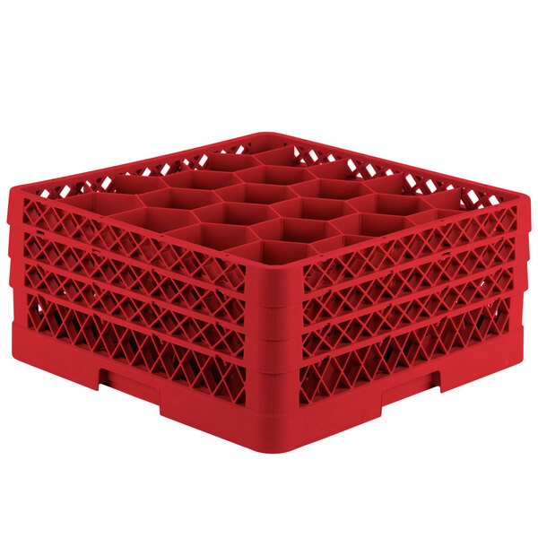 A red Vollrath Traex glass rack with open rack extender on top.