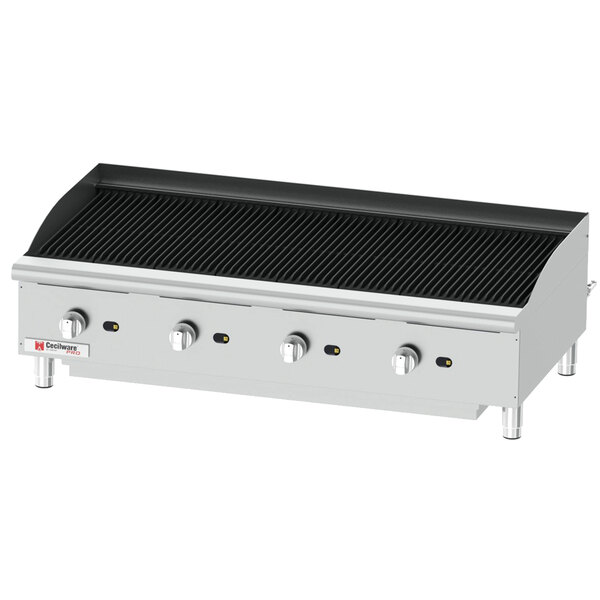 A Cecilware stainless steel gas charbroiler with four burners.