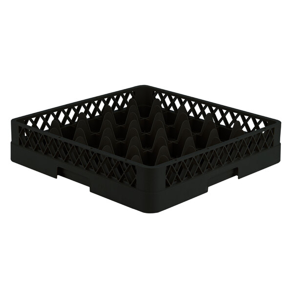 A black plastic Vollrath glass rack with compartments and grids.