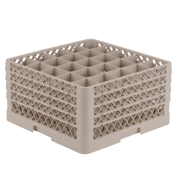 A beige Vollrath plastic rack with 25 small compartments for glasses.