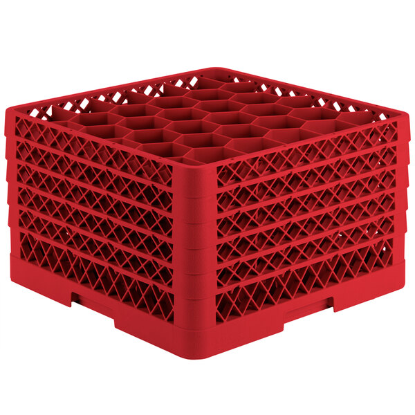 A red plastic Vollrath Traex glass rack with 30 hexagon compartments and open top rack extender.