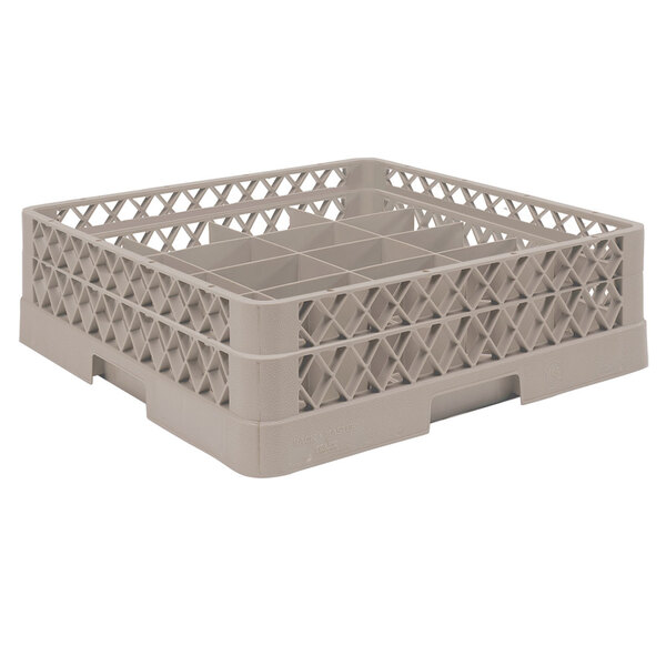 A beige Vollrath plastic rack for 25 glasses with holes in it.