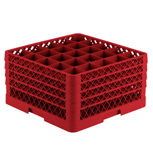 A red Vollrath plastic rack with 25 compartments for glasses.