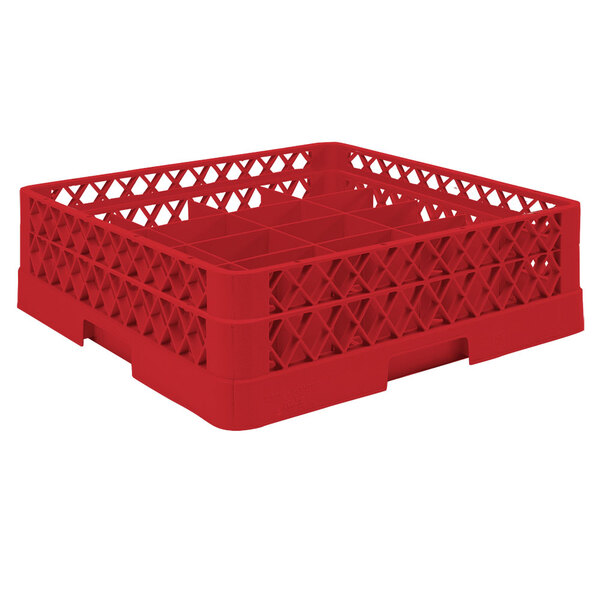 A red Vollrath Traex glass rack with an open red extender on top.